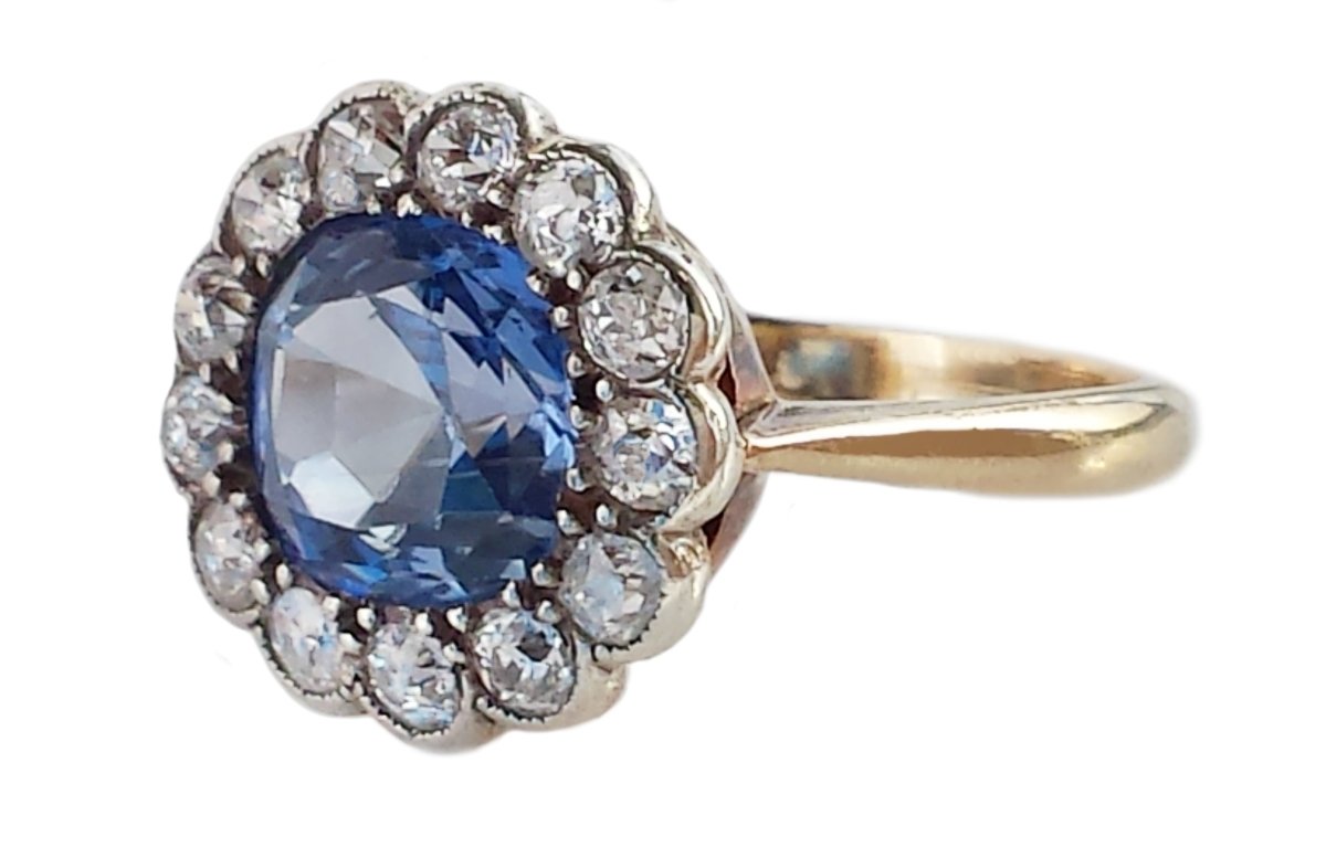 Edwardian Natural Ceylon Sapphire & Old Cut Diamond Cluster Engagement Ring - Bloomsbury Manor Ltd