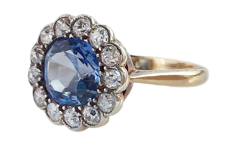 Edwardian Natural Ceylon Sapphire & Old Cut Diamond Cluster Engagement Ring - Bloomsbury Manor Ltd