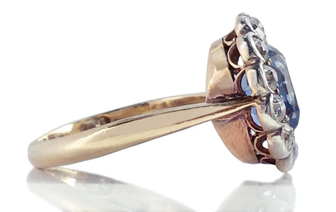 Edwardian Natural Ceylon Sapphire & Old Cut Diamond Cluster Engagement Ring - Bloomsbury Manor Ltd