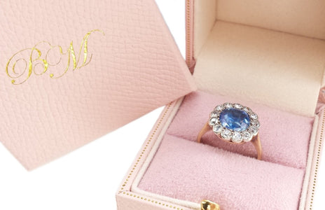 Edwardian Natural Ceylon Sapphire & Old Cut Diamond Cluster Engagement Ring - Bloomsbury Manor Ltd