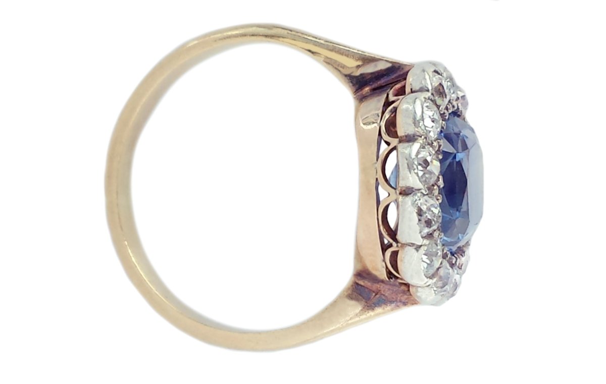 Edwardian Natural Ceylon Sapphire & Old Cut Diamond Cluster Engagement Ring - Bloomsbury Manor Ltd