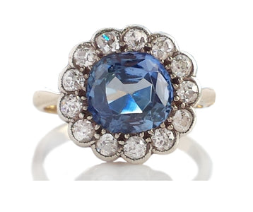 Edwardian Natural Ceylon Sapphire & Old Cut Diamond Cluster Engagement Ring - Bloomsbury Manor Ltd