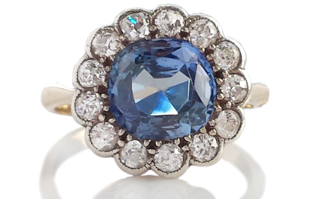 Edwardian Natural Ceylon Sapphire & Old Cut Diamond Cluster Engagement Ring - Bloomsbury Manor Ltd
