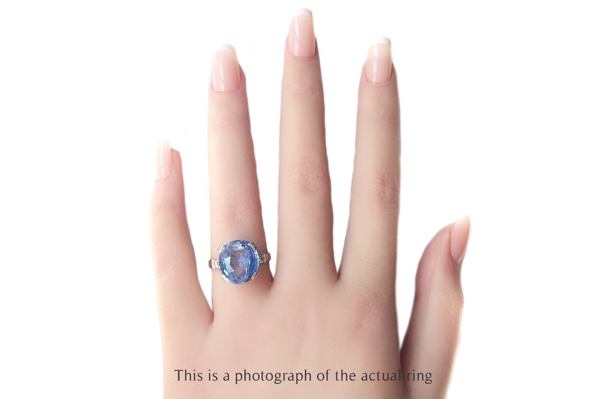 French Art Deco 9.63ct Unheated Oval Ceylon Sapphire & Old Cut Diamond Ring - Bloomsbury Manor Ltd