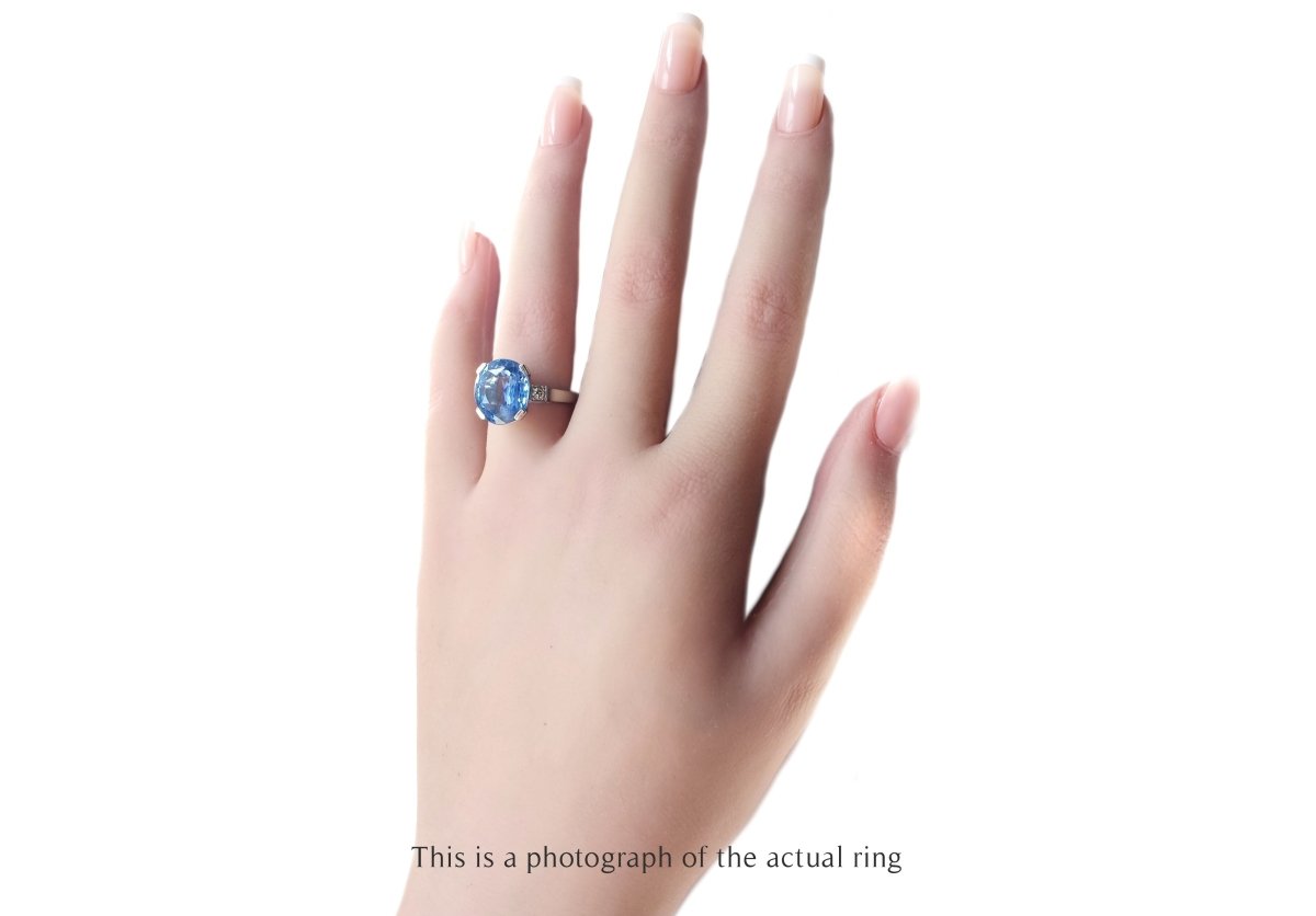 French Art Deco 9.63ct Unheated Oval Ceylon Sapphire & Old Cut Diamond Ring - Bloomsbury Manor Ltd
