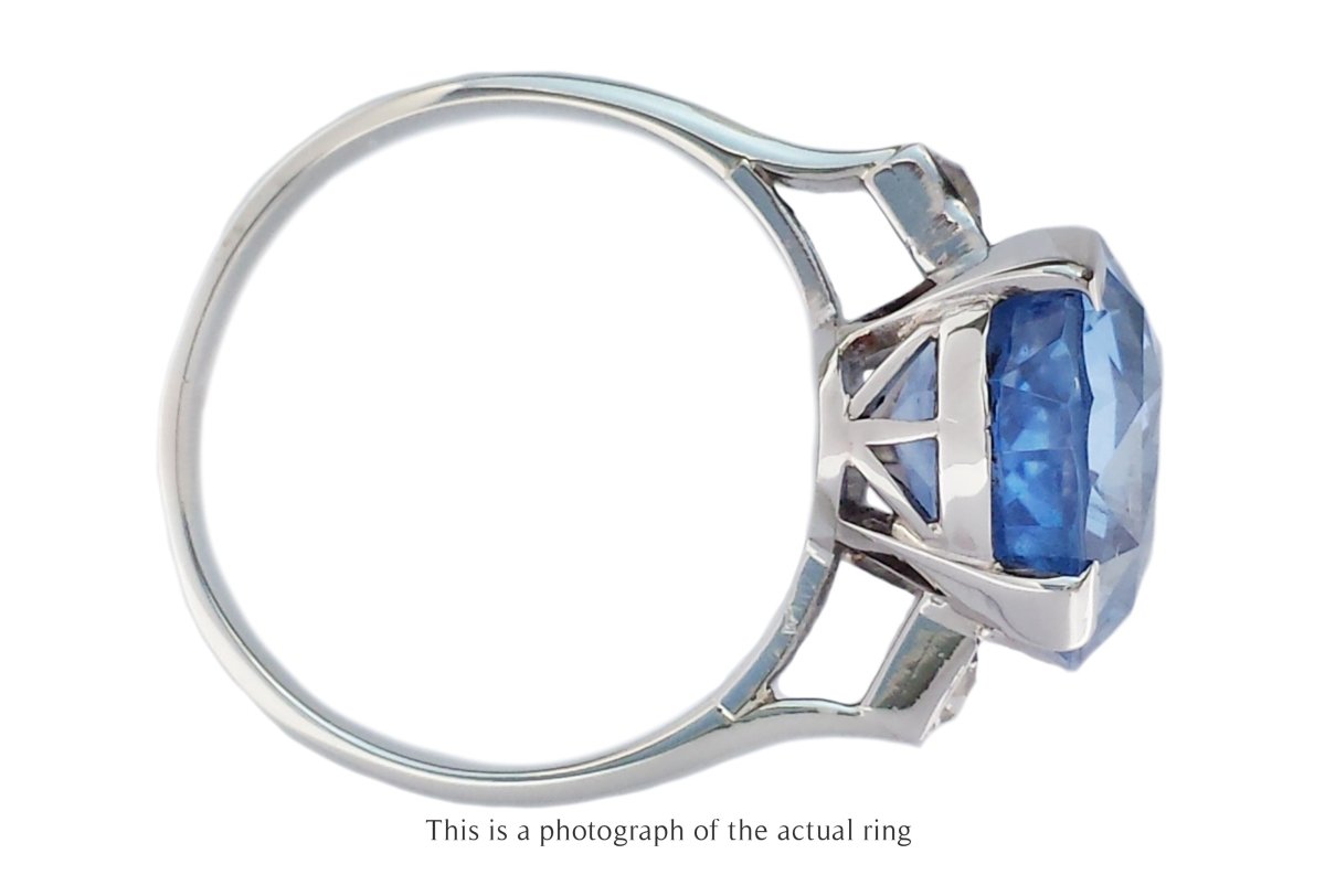 French Art Deco 9.63ct Unheated Oval Ceylon Sapphire & Old Cut Diamond Ring - Bloomsbury Manor Ltd