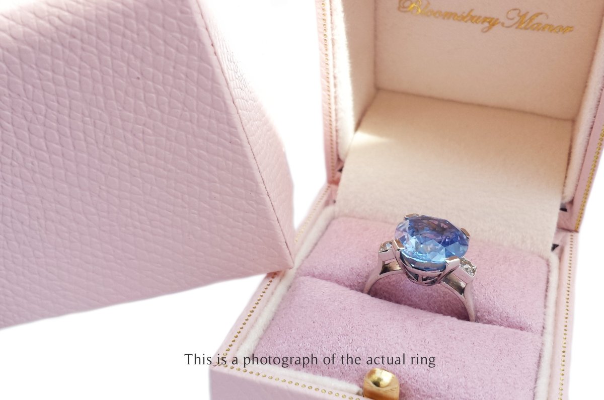 French Art Deco 9.63ct Unheated Oval Ceylon Sapphire & Old Cut Diamond Ring - Bloomsbury Manor Ltd