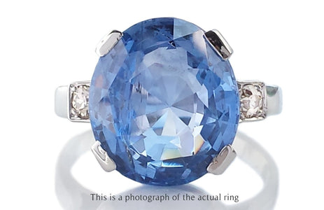 French Art Deco 9.63ct Unheated Oval Ceylon Sapphire & Old Cut Diamond Ring - Bloomsbury Manor Ltd