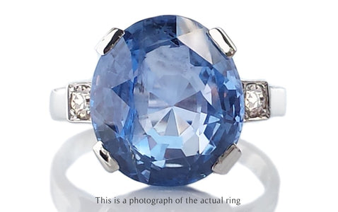 French Art Deco 9.63ct Unheated Oval Ceylon Sapphire & Old Cut Diamond Ring - Bloomsbury Manor Ltd