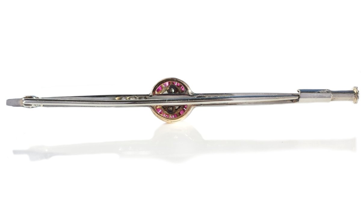 Original Art Deco Target Ruby Old Mine Cut Diamond 18k Gold Bar Pin Brooch - Bloomsbury Manor Ltd