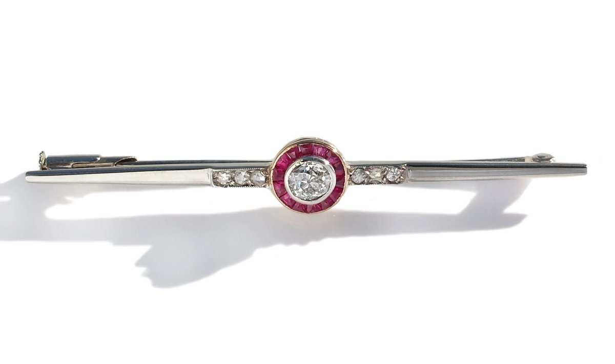 Original Art Deco Target Ruby Old Mine Cut Diamond 18k Gold Bar Pin Brooch - Bloomsbury Manor Ltd
