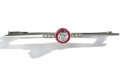 Original Art Deco Target Ruby Old Mine Cut Diamond 18k Gold Bar Pin Brooch - Bloomsbury Manor Ltd