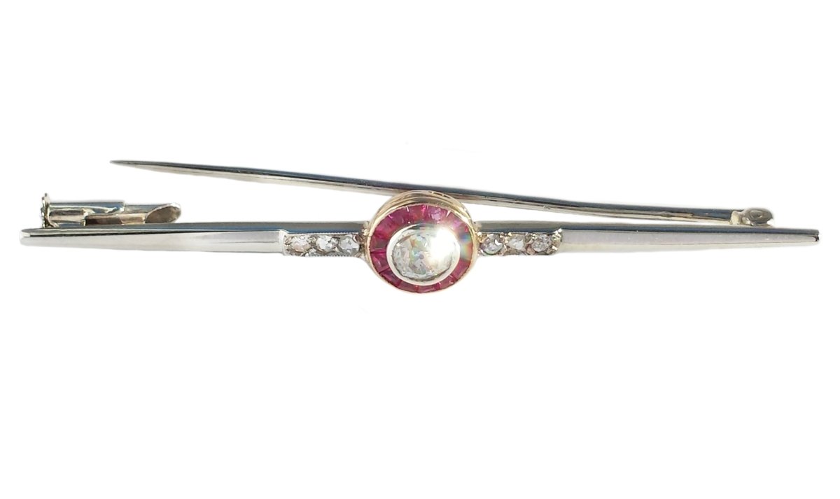 Original Art Deco Target Ruby Old Mine Cut Diamond 18k Gold Bar Pin Brooch - Bloomsbury Manor Ltd