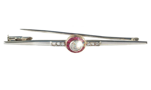 Original Art Deco Target Ruby Old Mine Cut Diamond 18k Gold Bar Pin Brooch - Bloomsbury Manor Ltd