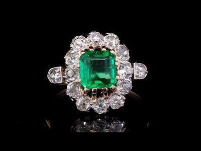 Antique French Emerald & Old Cut Diamond Cluster Engagement Ring video