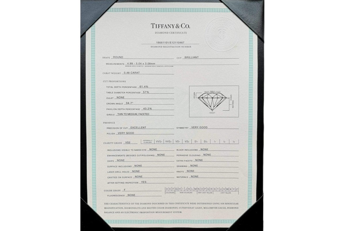 Tiffany & Co 0.48ct F/VS2 Round Brilliant Diamond Engagement Ring - Bloomsbury Manor Ltd