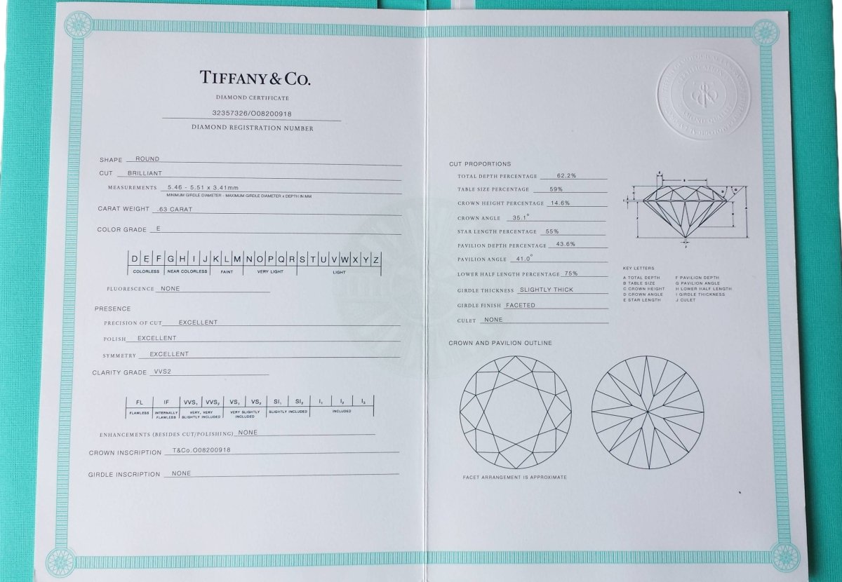 Tiffany & Co 0.63ct E/VVS2 Round Brilliant Diamond Engagement Ring - certificate