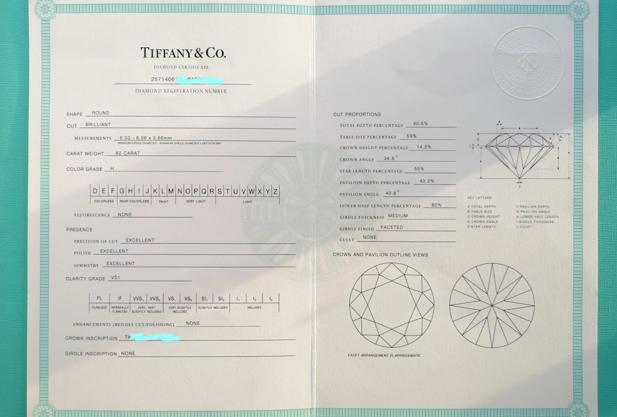 Tiffany & Co 0.82ct H/VS1 Round Brilliant Cut Diamond Engagement Ring - Bloomsbury Manor Ltd