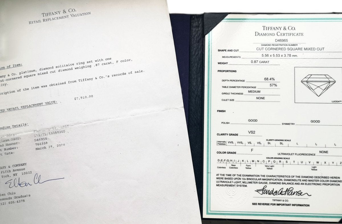 Tiffany & Co 0.87ct F/VS2 Lucida Diamond Engagement Ring - Bloomsbury Manor Ltd