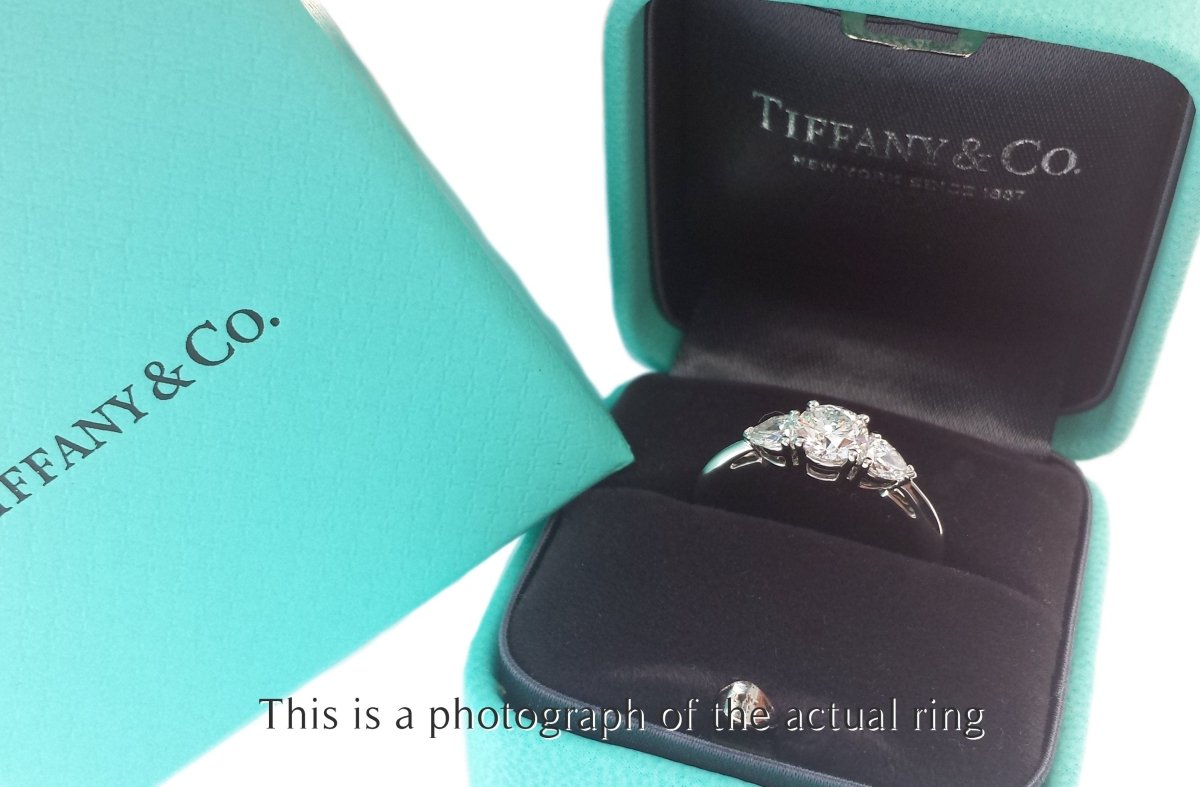 Tiffany & Co 0.90tcw E/VS1 Three Stone Round Brilliant & Pear Cut Diamond Engagement Ring - Bloomsbury Manor Ltd