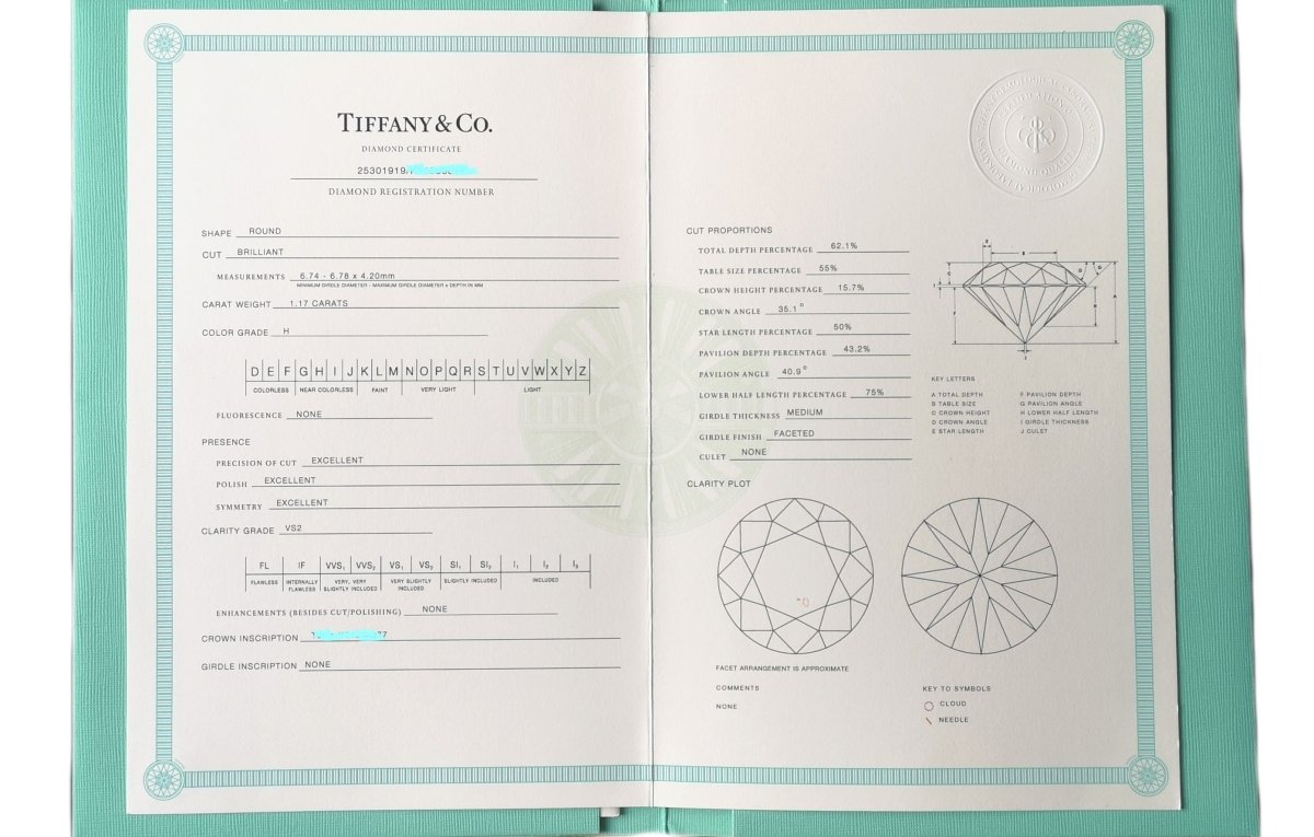 Tiffany & Co 1.17ct XXX H/VS2 Round Brilliant Diamond Engagement Ring - Bloomsbury Manor Ltd