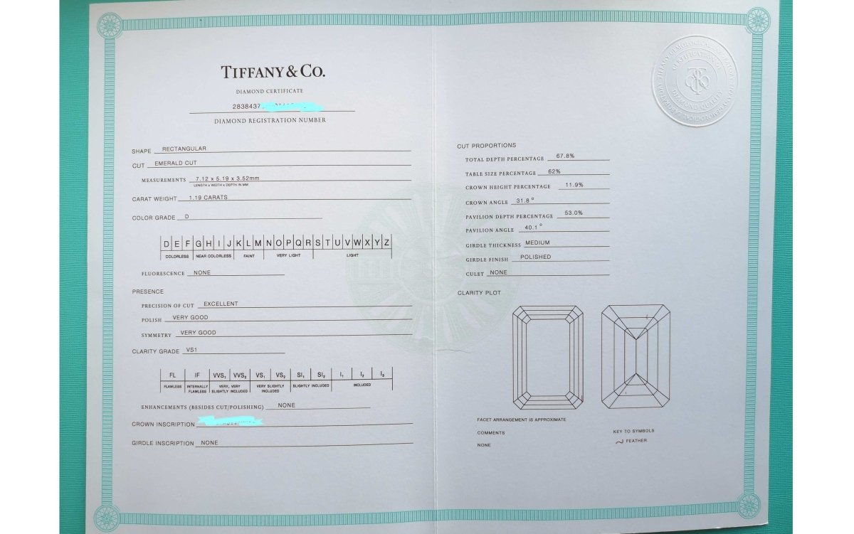Tiffany & Co 1.19ct D/VS1 Emerald Cut Diamond Engagement Ring - Bloomsbury Manor Ltd