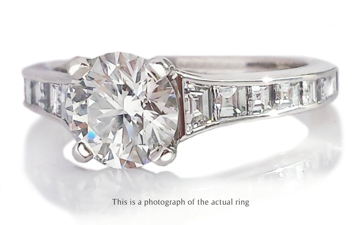 Tiffany & Co 1.63tcw F/VVS2 Round Brilliant Diamond Engagement Ring with Princess Cut Side Stones - Bloomsbury Manor Ltd