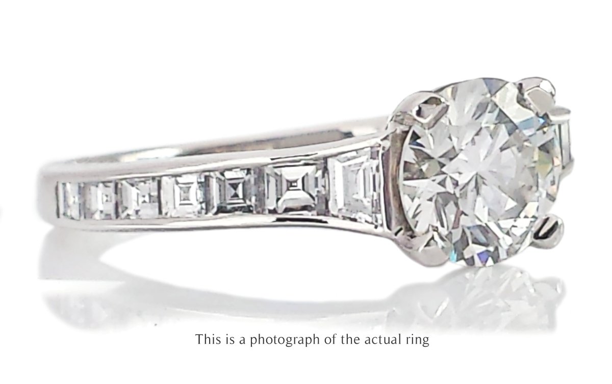 Tiffany & Co 1.63tcw F/VVS2 Round Brilliant Diamond Engagement Ring with Princess Cut Side Stones - Bloomsbury Manor Ltd