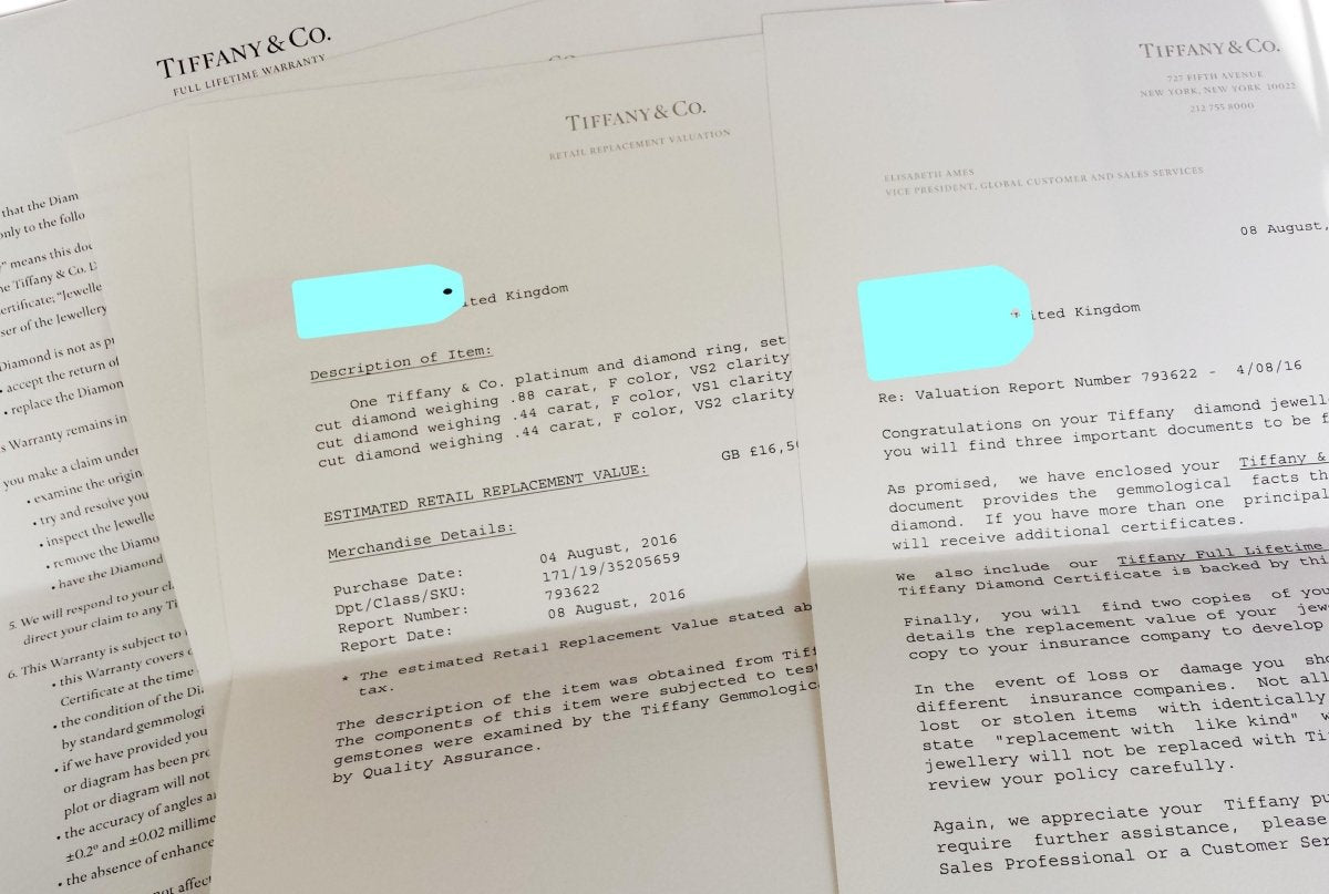 Tiffany & Co 1.76ct F/VS1/VS2 3 Stone Round Brilliant Engagement Ring - Bloomsbury Manor Ltd