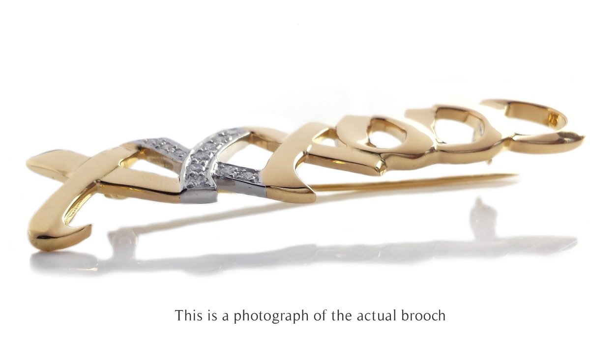 Tiffany & Co 1983 Diamond Paloma Picasso Hugs & Kisses 18k Gold Platinum Brooch - Bloomsbury Manor Ltd