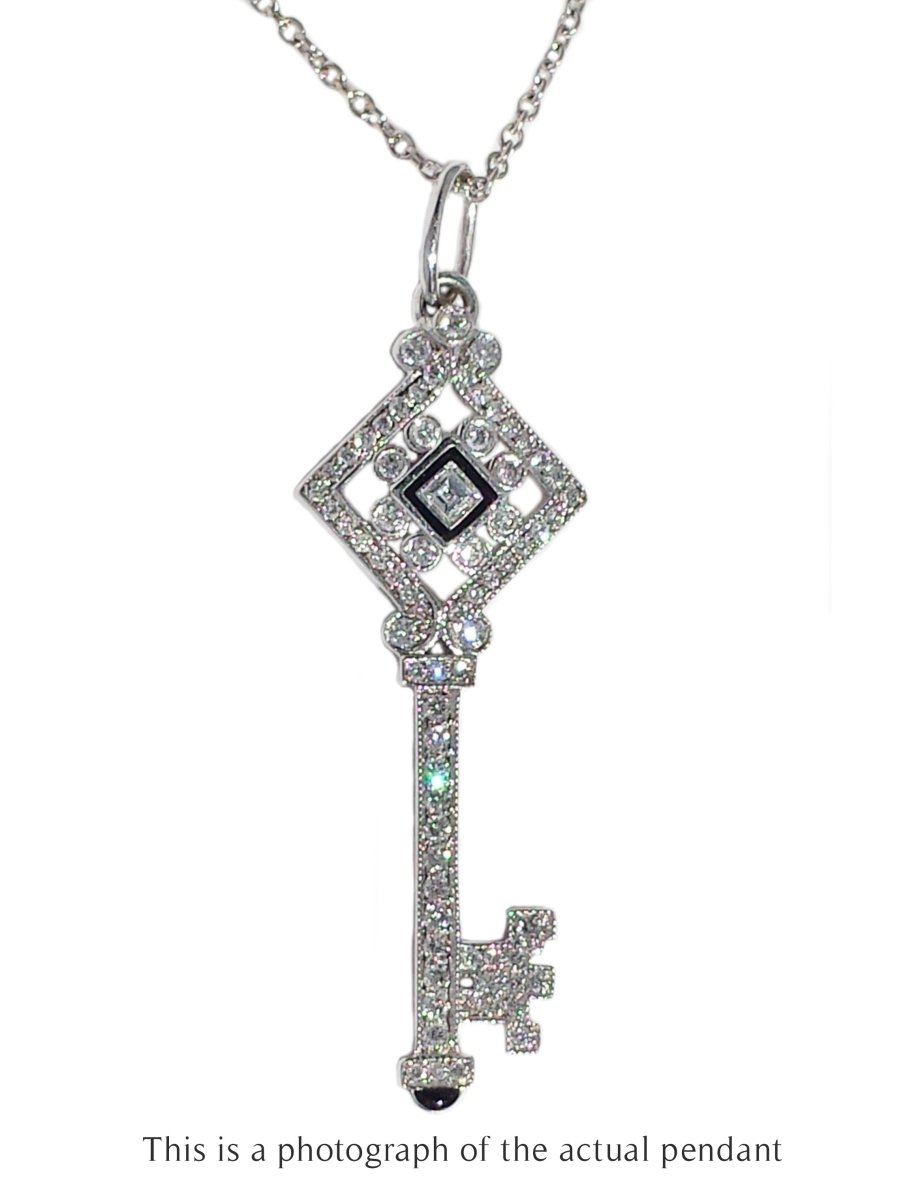 Tiffany & Co. Diamond & Enamel Key Pendant in 18k White Gold - Bloomsbury Manor Ltd