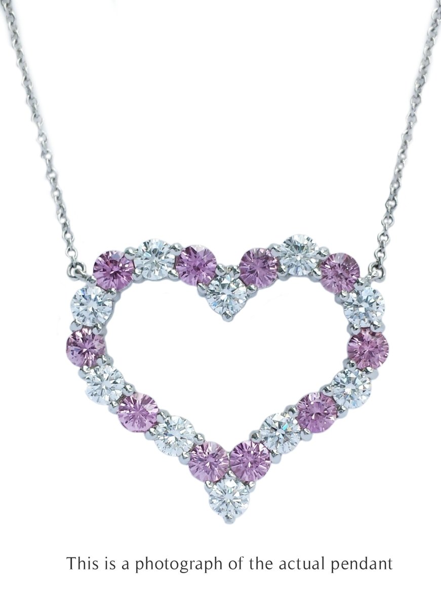 Tiffany & Co Large Pink Sapphire & Diamond Heart Pendant Necklace - Bloomsbury Manor Ltd