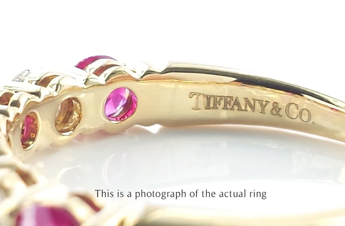 Tiffany & Co Ruby & Diamond 18k Yellow Gold Half Eternity Wedding Band Ring - Bloomsbury Manor Ltd