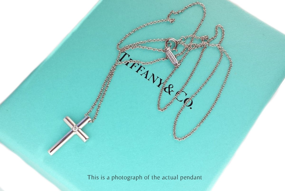Tiffany & Co Single Diamond Cross Pendant 18k White Gold - Bloomsbury Manor Ltd