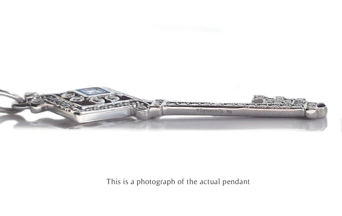 Tiffany & Co Square Diamond & Black Enamel 18k White Gold Key Pendant - Bloomsbury Manor Ltd