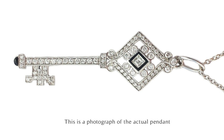 Tiffany & Co Square Diamond & Black Enamel 18k White Gold Key Pendant - Bloomsbury Manor Ltd