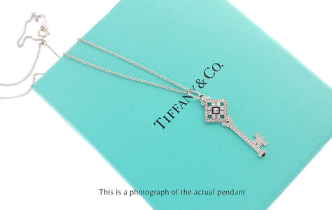 Tiffany & Co Square Diamond & Black Enamel 18k White Gold Key Pendant - Bloomsbury Manor Ltd