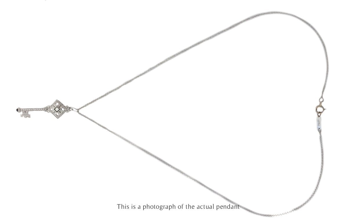Tiffany & Co Square Diamond & Black Enamel 18k White Gold Key Pendant - Bloomsbury Manor Ltd