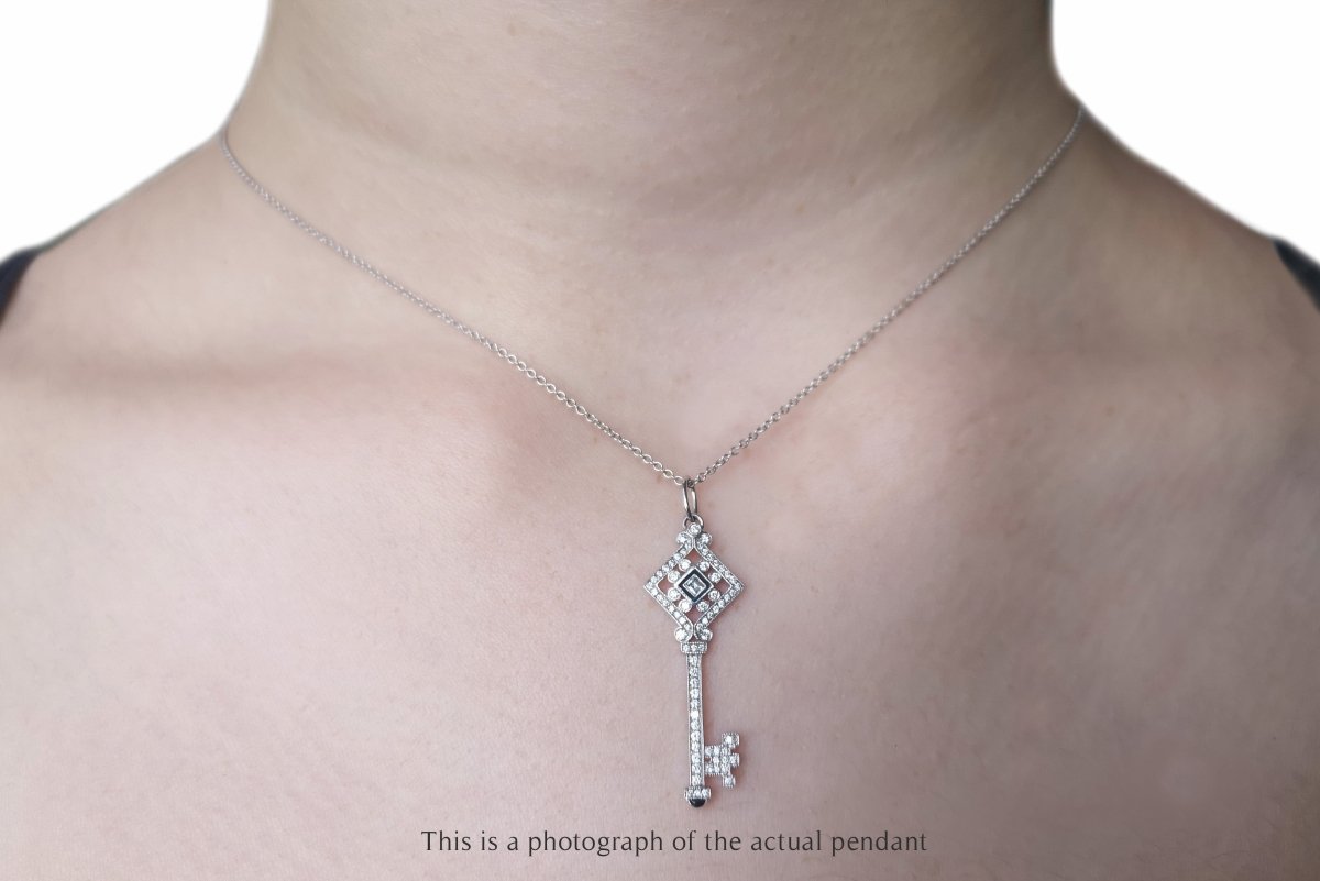 Tiffany & Co Square Diamond & Black Enamel 18k White Gold Key Pendant - Bloomsbury Manor Ltd