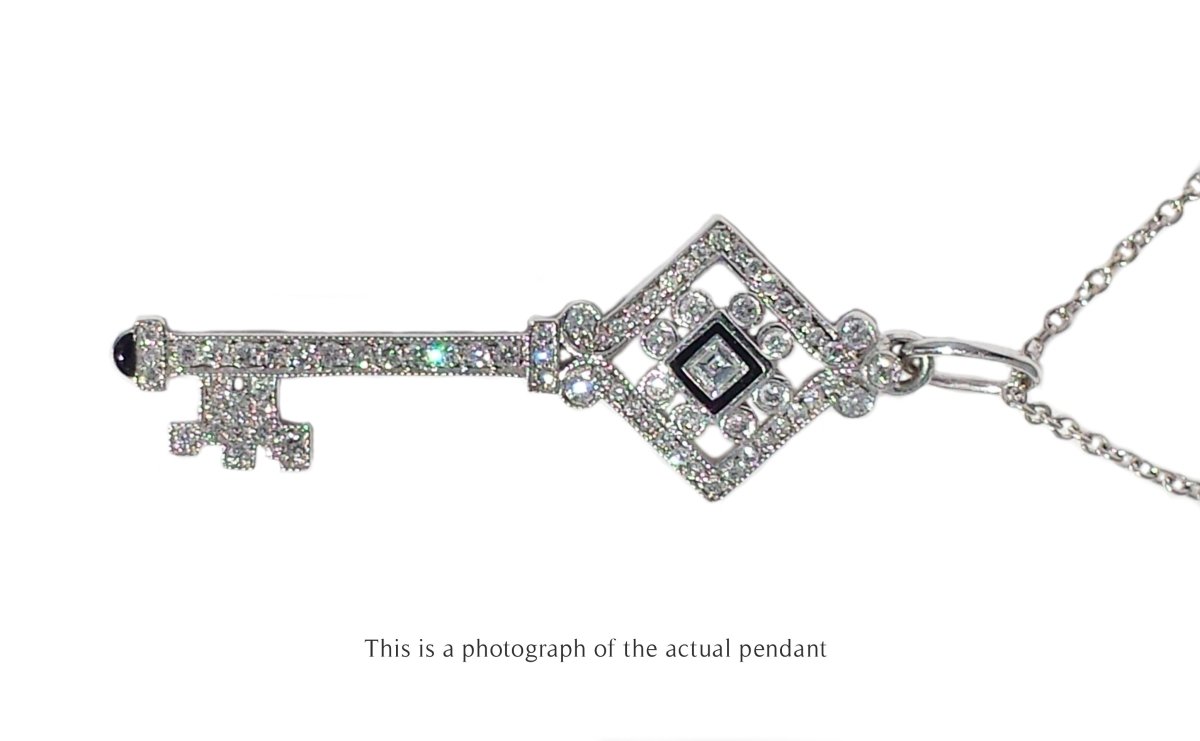 Tiffany & Co Square Diamond & Black Enamel 18k White Gold Key Pendant - Bloomsbury Manor Ltd