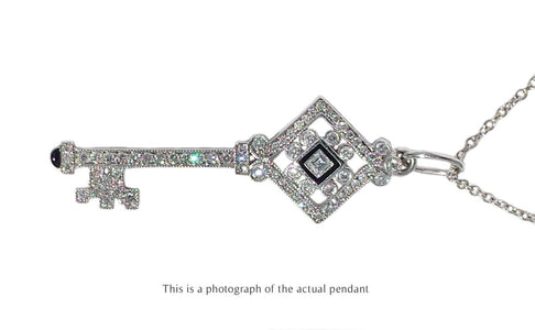 Tiffany & Co Square Diamond & Black Enamel 18k White Gold Key Pendant - Bloomsbury Manor Ltd