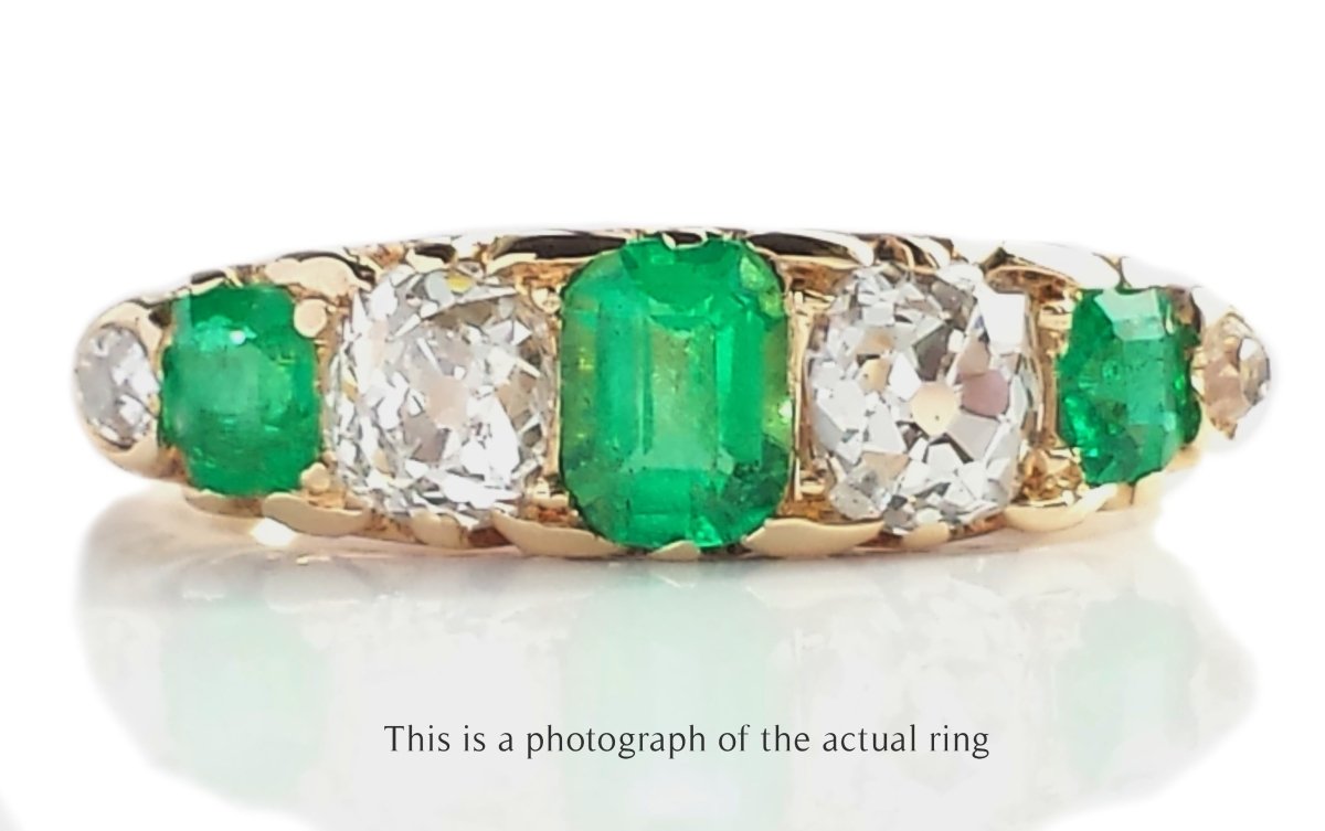 Victorian 7 Stone Colombian Emerald & Old Cut Diamond 18k Gold Engagement Ring - Bloomsbury Manor Ltd