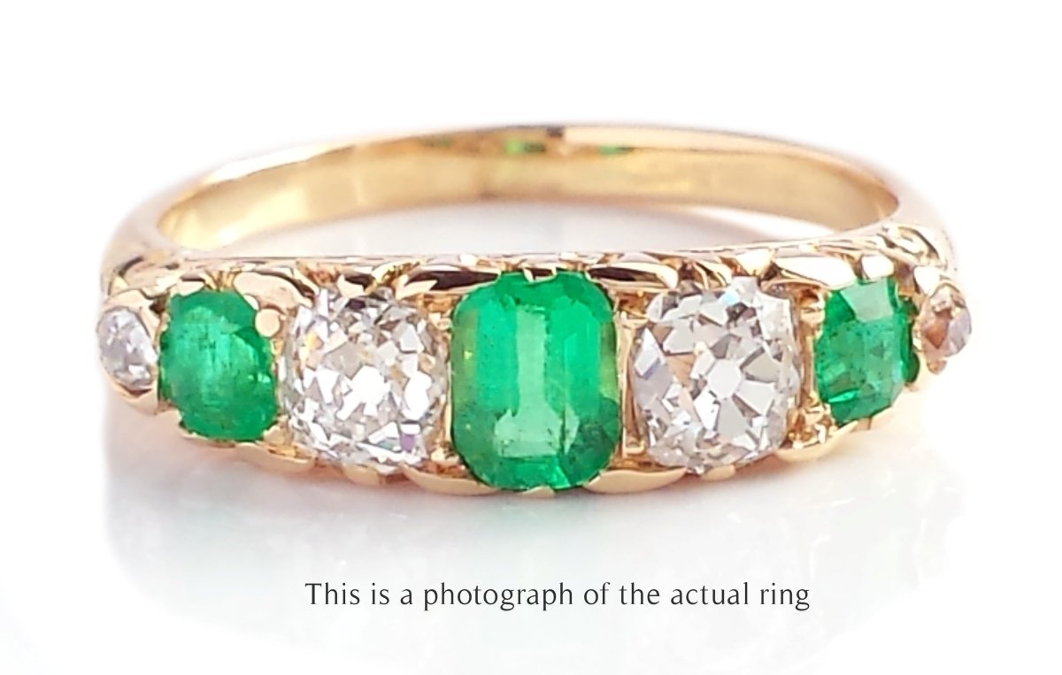 Victorian 7 Stone Colombian Emerald & Old Cut Diamond 18k Gold Engagement Ring - Bloomsbury Manor Ltd