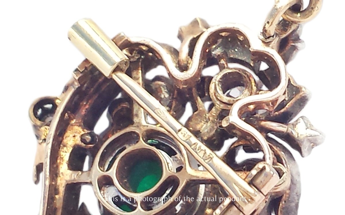 Victorian Pendant Brooch Cabochon Colombian Emerald & Old Cut Diamonds - Bloomsbury Manor Ltd