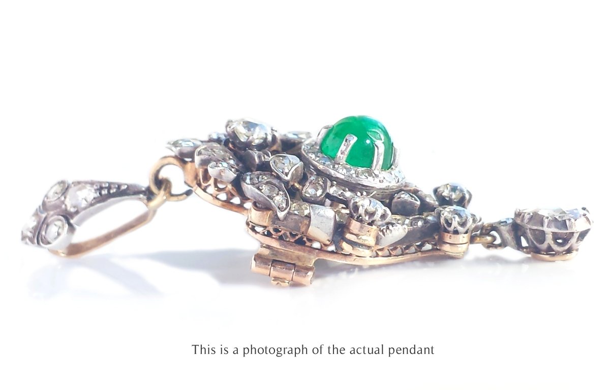 Victorian Pendant Brooch Cabochon Colombian Emerald & Old Cut Diamonds - Bloomsbury Manor Ltd
