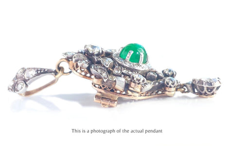 Victorian Pendant Brooch Cabochon Colombian Emerald & Old Cut Diamonds - Bloomsbury Manor Ltd