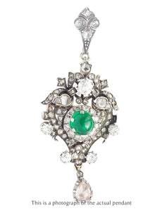Victorian Pendant Brooch Cabochon Colombian Emerald & Old Cut Diamonds - Bloomsbury Manor Ltd