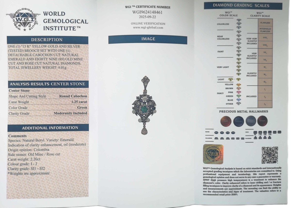 Victorian Pendant Brooch Cabochon Colombian Emerald & Old Cut Diamonds - Bloomsbury Manor Ltd