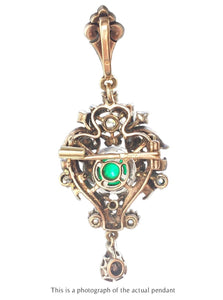 Victorian Pendant Brooch Cabochon Colombian Emerald & Old Cut Diamonds - Bloomsbury Manor Ltd