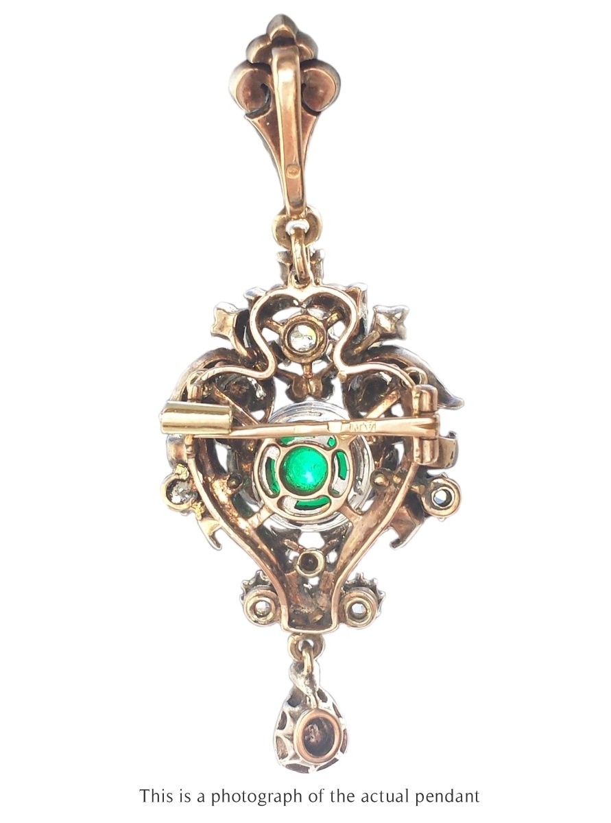 Victorian Pendant Brooch Cabochon Colombian Emerald & Old Cut Diamonds - Bloomsbury Manor Ltd